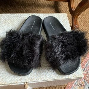 French Connection Fur Slides NEW black